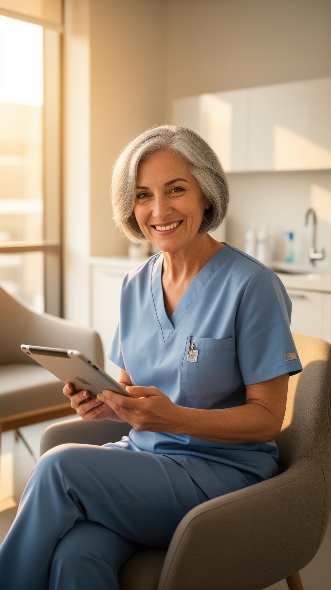 A patient holding a tablet in a sunlit clinic