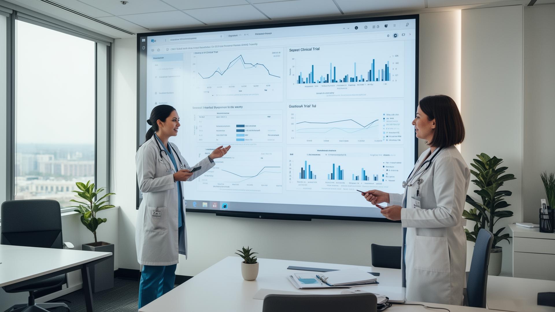 Two healthcare professionals reviewing trial data